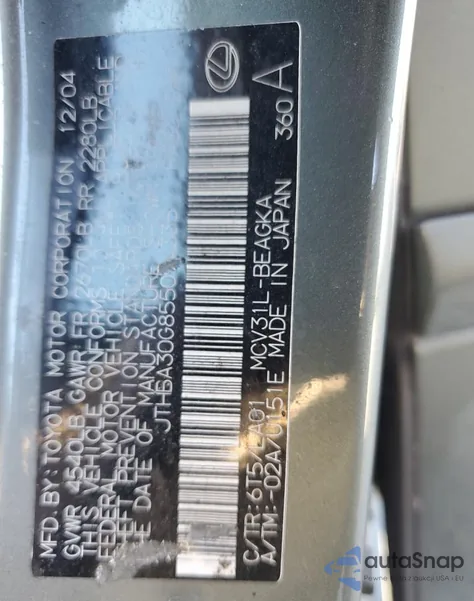 2005 Lexus Es 330 from USA, damaged, VIN JTHBA30G855094335